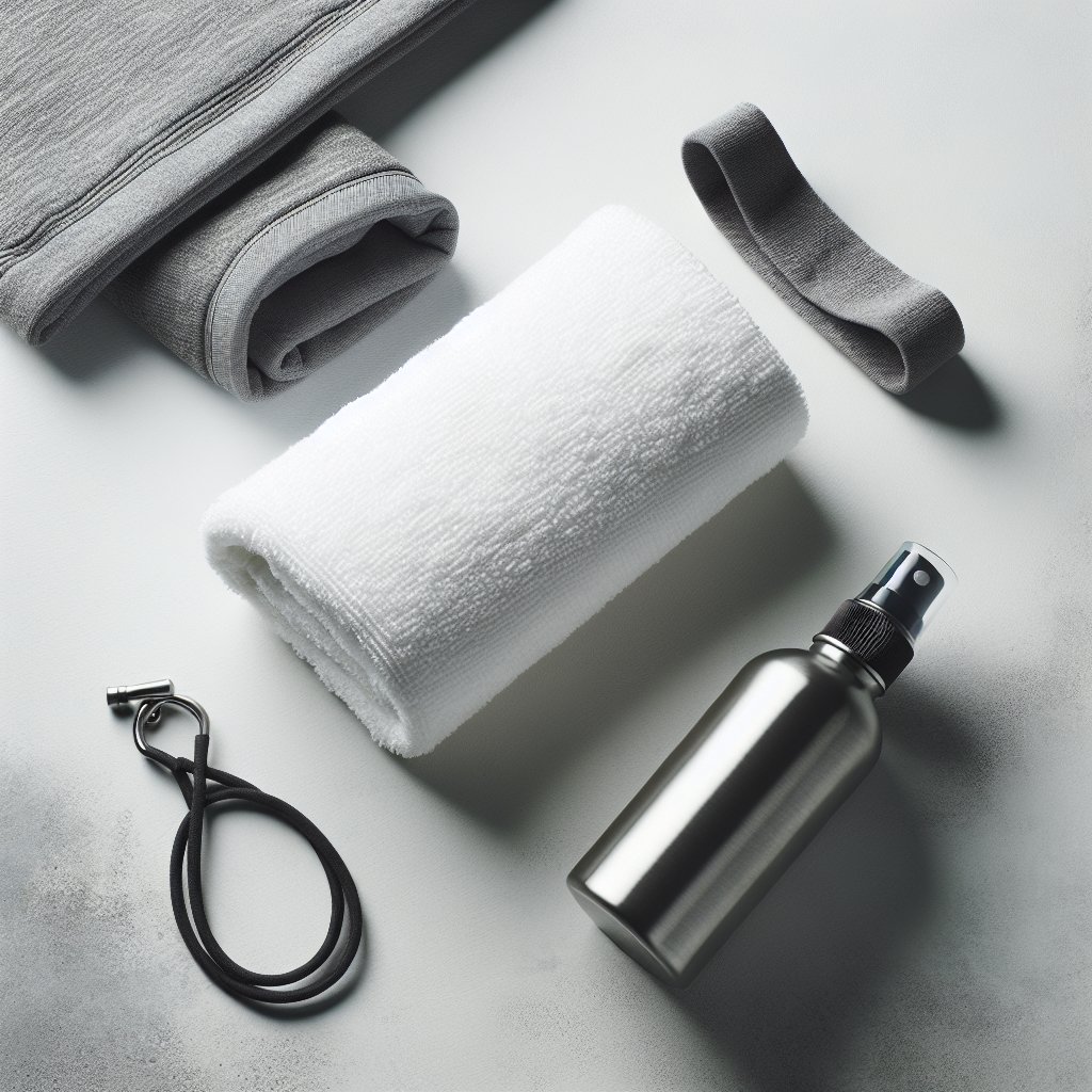 Gym towel and spray bottle for equipment hygiene