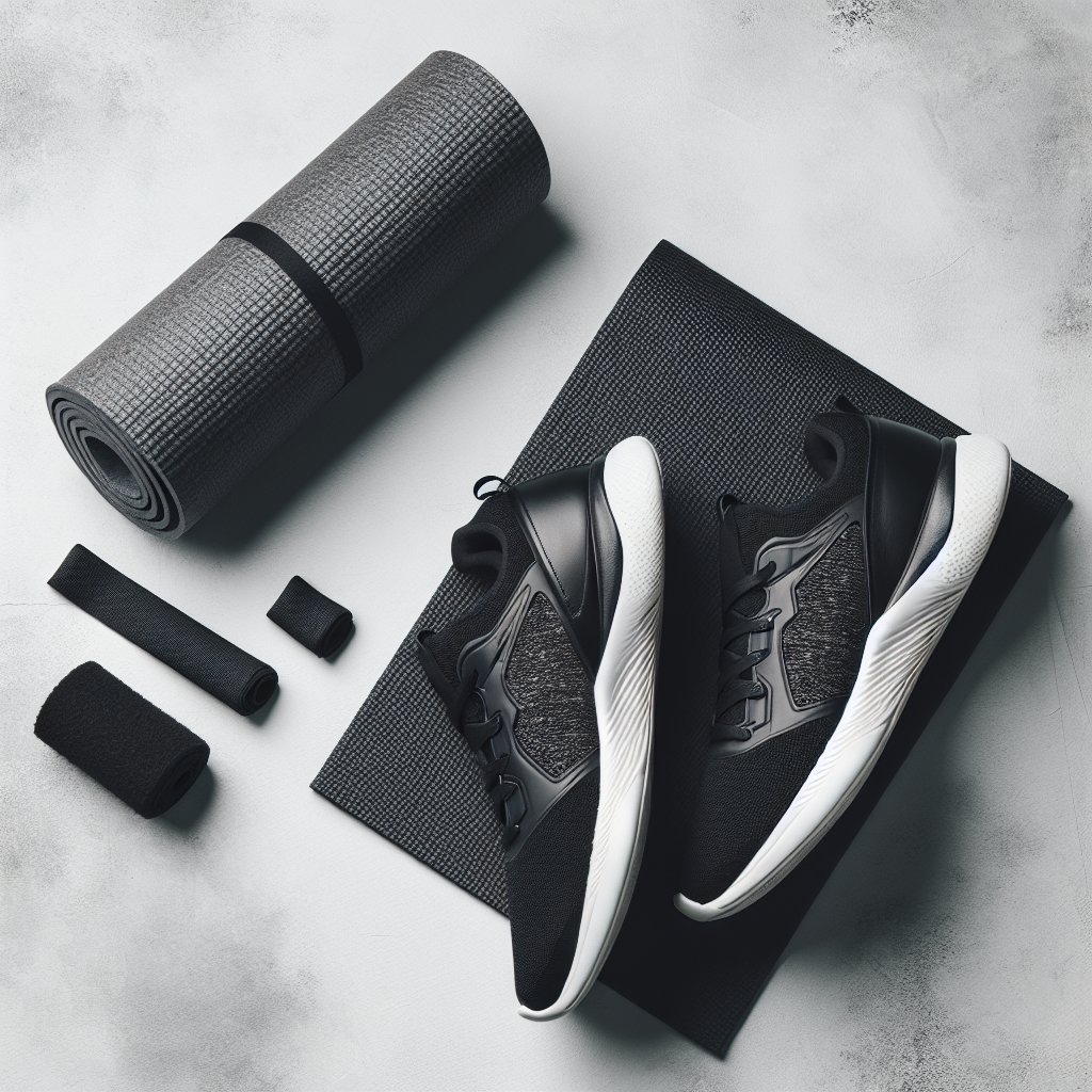 Athletic shoes and yoga mat for starting a workout routine