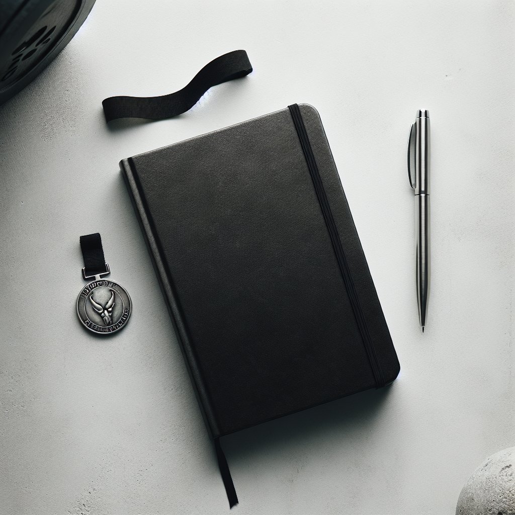 Journal and reward token representing habit tracking and milestones