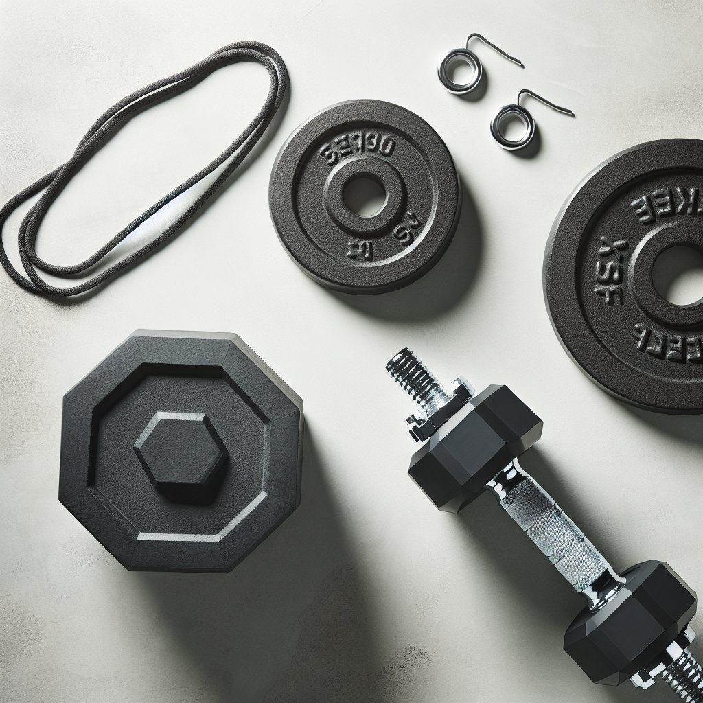 Rubber hex dumbbell and steel weight plates on concrete surface