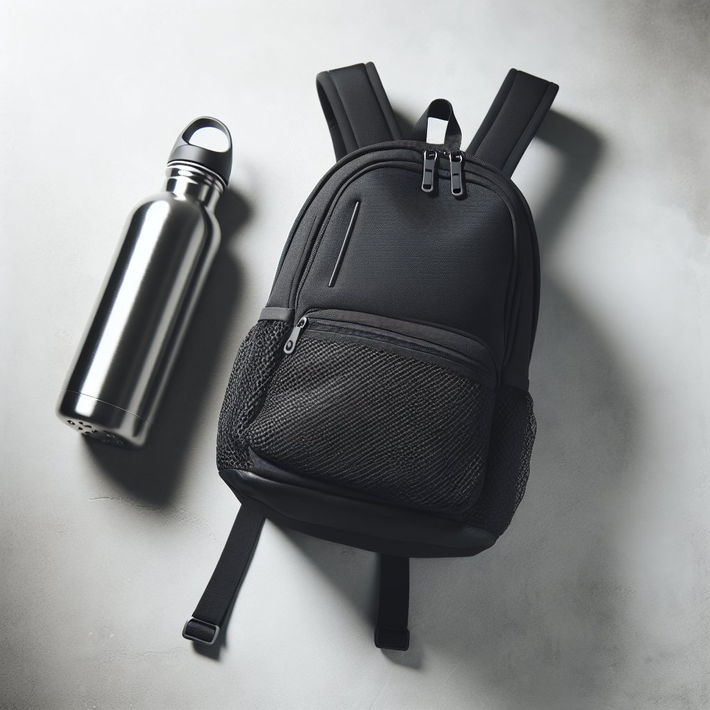 Black gym backpack with steel water bottle on concrete surface