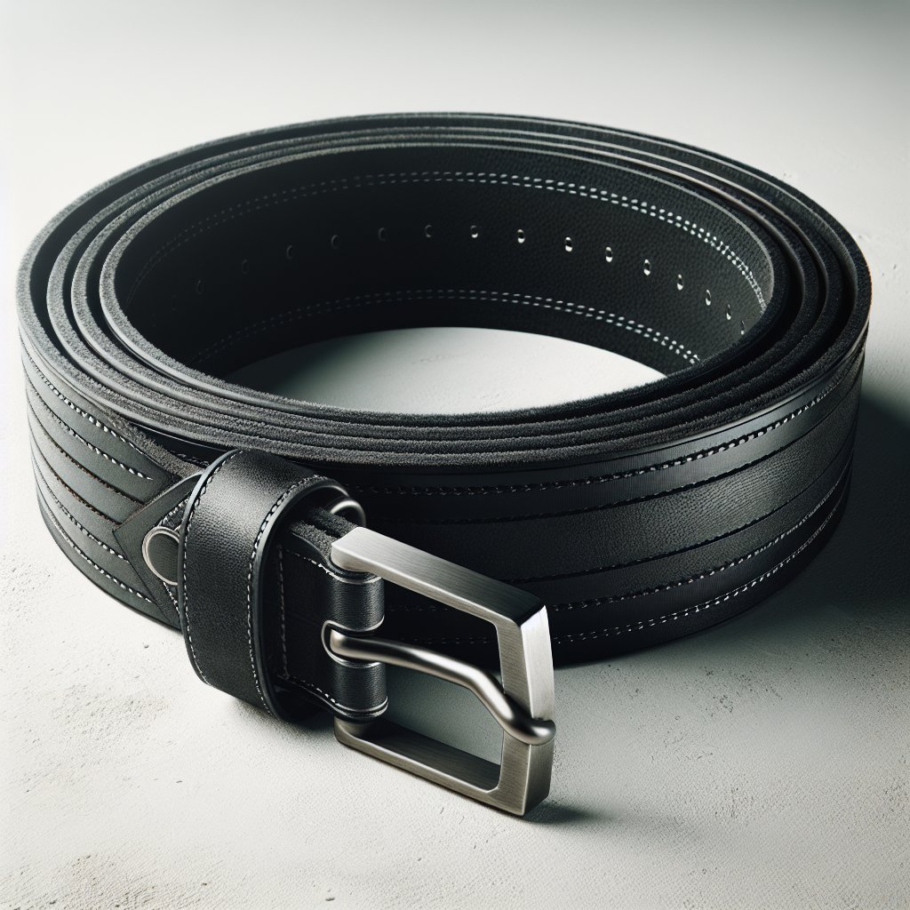 Black leather lifting belt with steel prong buckle coiled on concrete