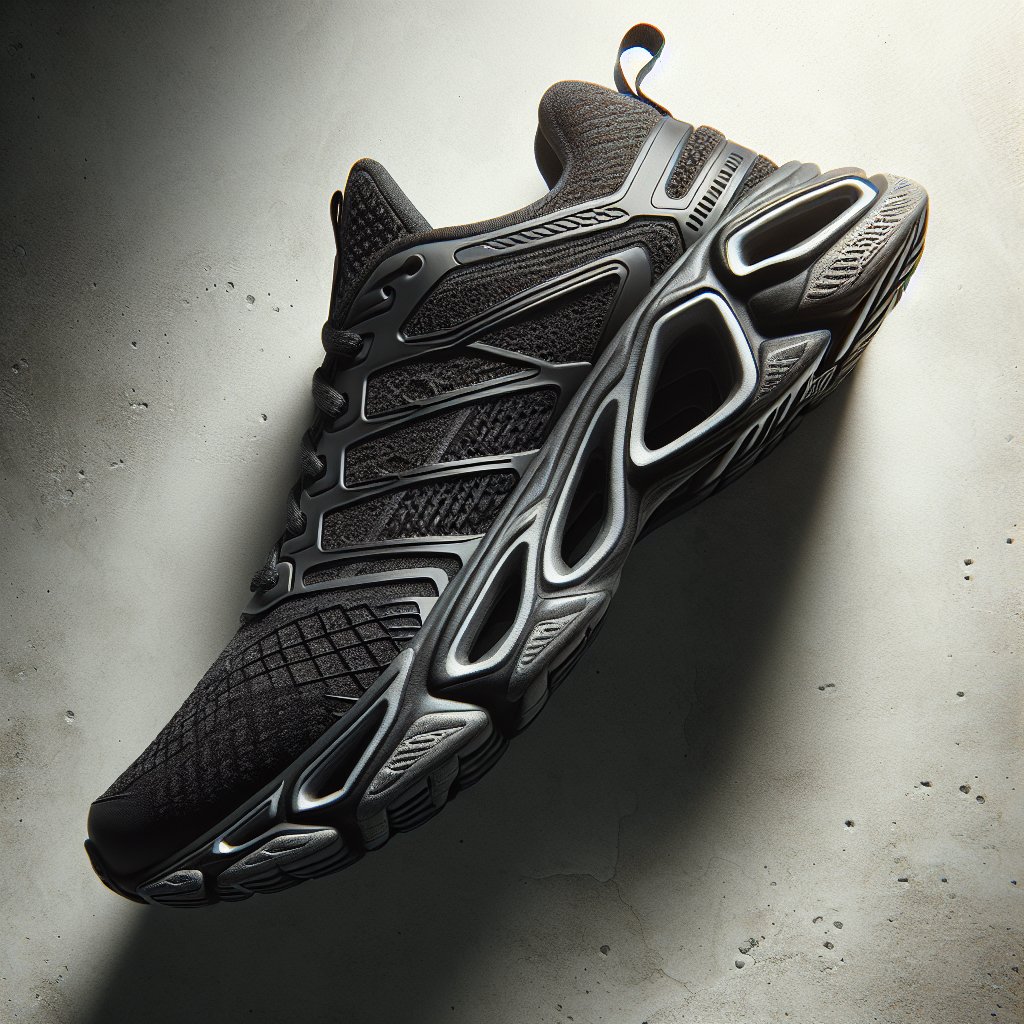 Running shoe on its side showing sole tread and midsole cushioning