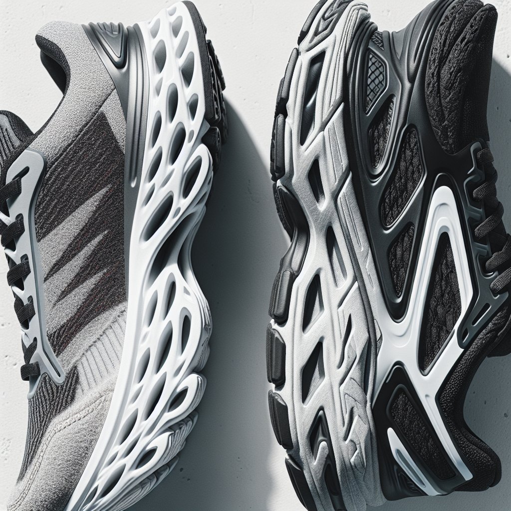 Two running shoes comparing thick and thin midsole heel drop