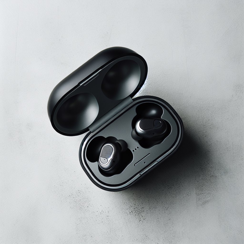 Black true wireless earbuds in open charging case on concrete