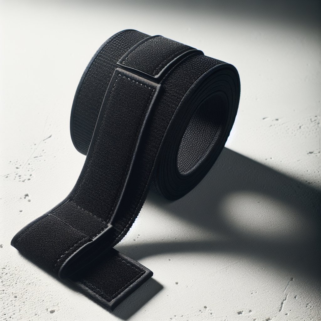 Black stiff wrist wrap unrolled showing Velcro closure and thumb loop