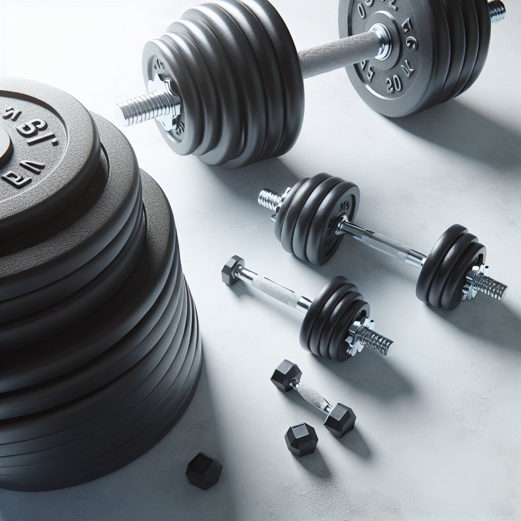 Adjustable dumbbells and weight plates on white surface