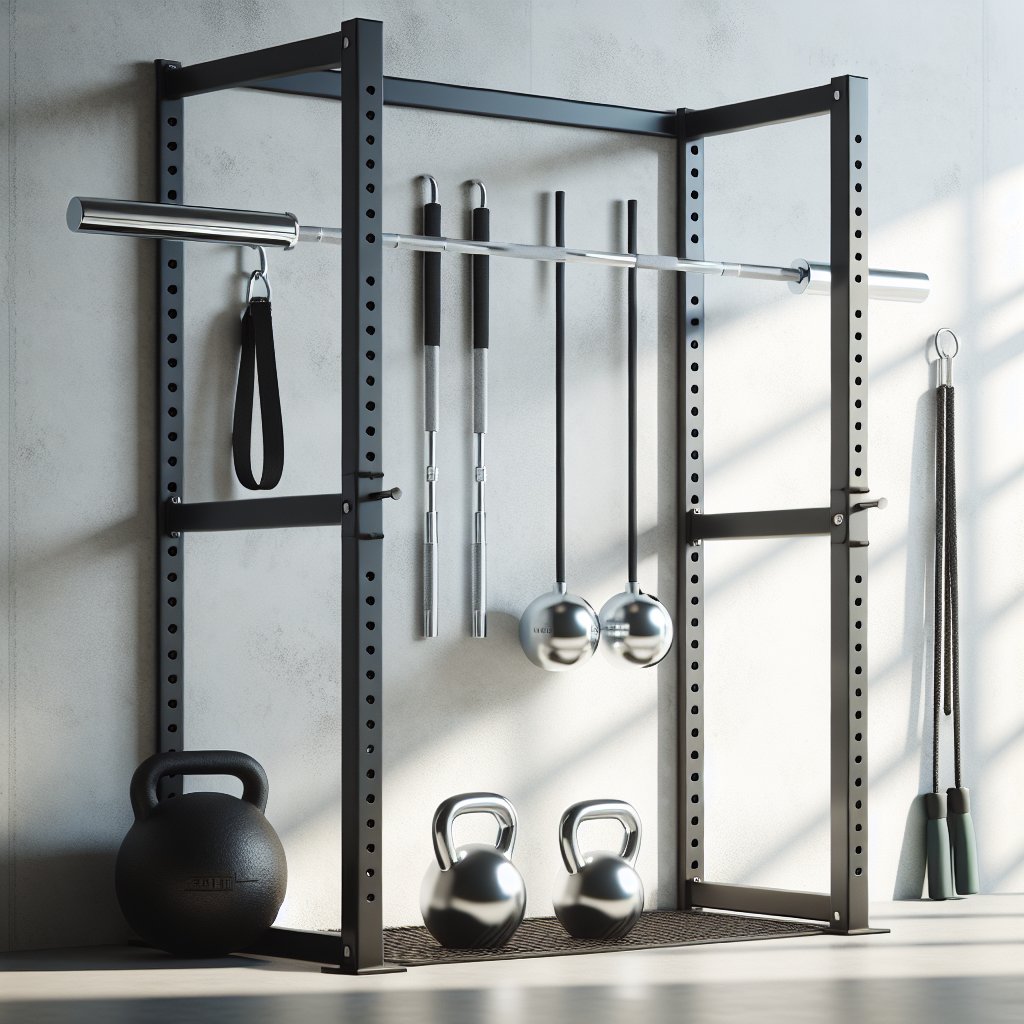 Wall-mounted storage rack with barbell and kettlebells