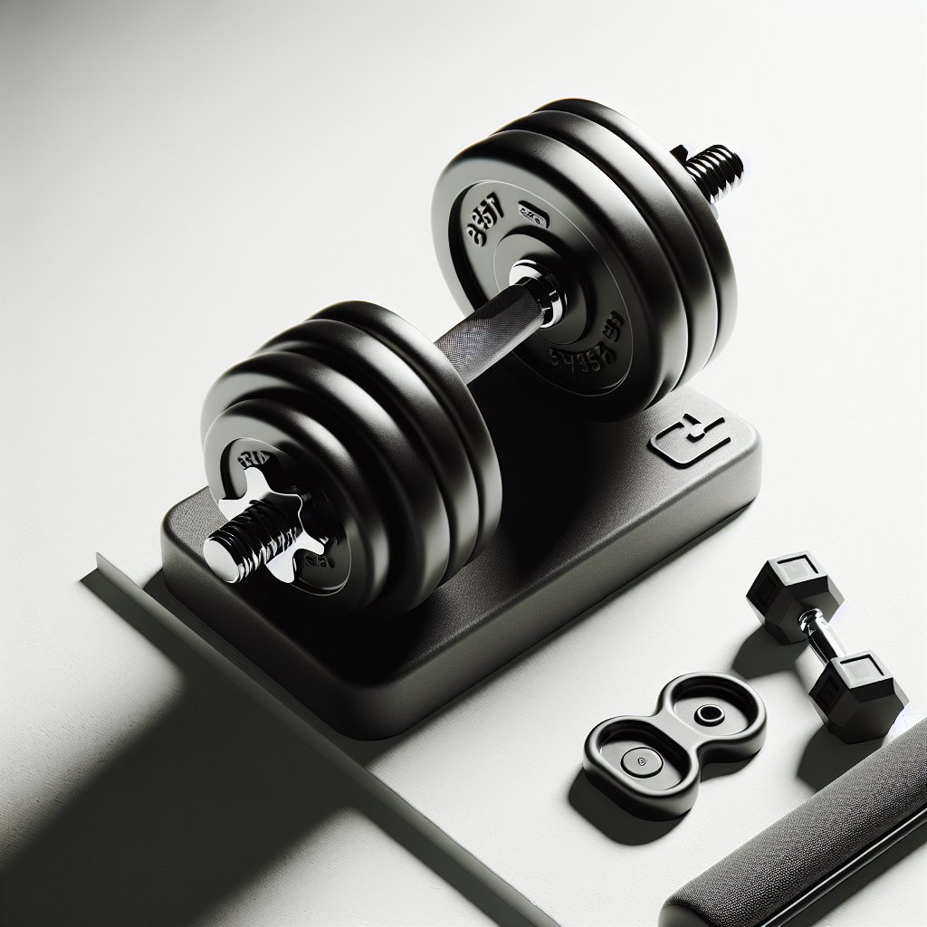 Adjustable dumbbell with weight cradle on white surface