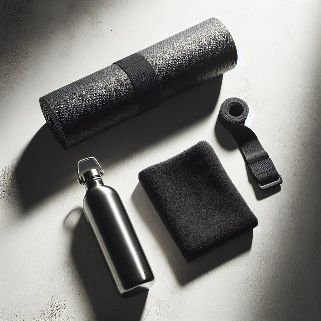 Exercise mat with water bottle and towel