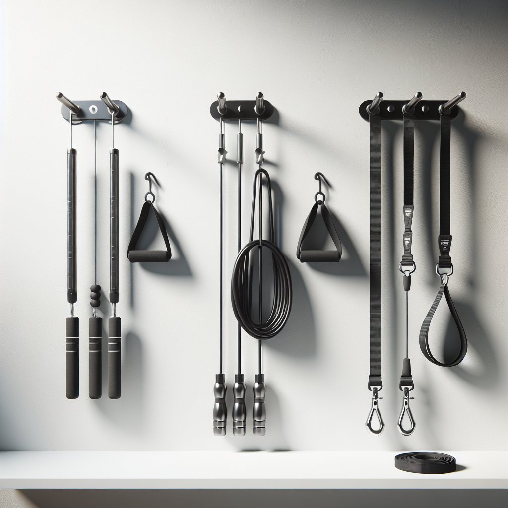 Wall-mounted hooks with hanging exercise equipment