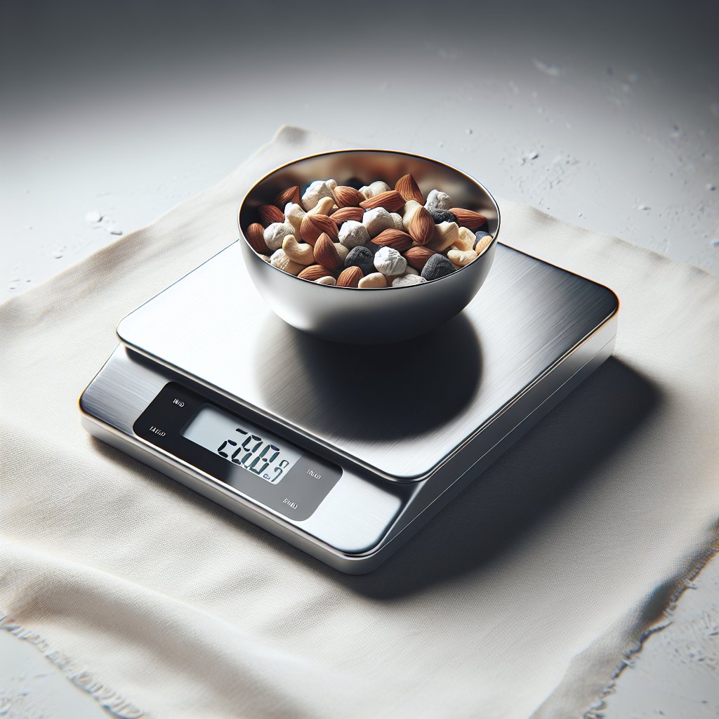 Digital food scale weighing a bowl of mixed nuts