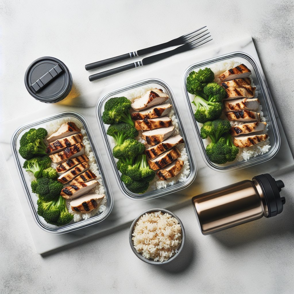 Three portioned meal prep containers with chicken rice and broccoli