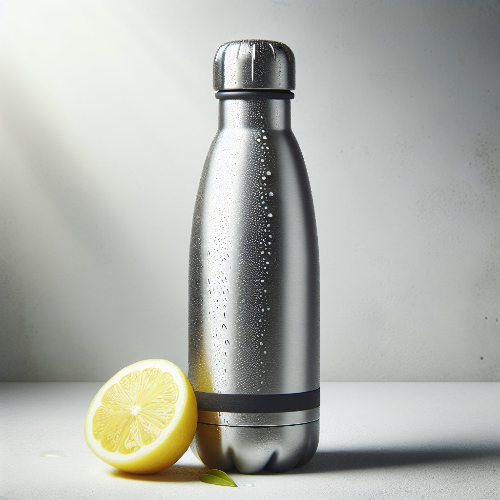 Stainless steel water bottle with condensation and lemon slices