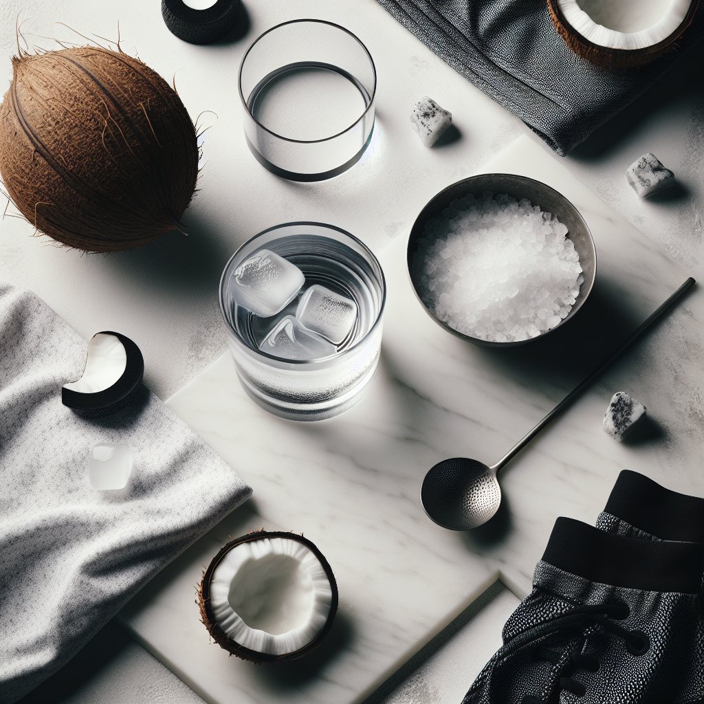 Glass of ice water with sea salt and coconut for electrolytes