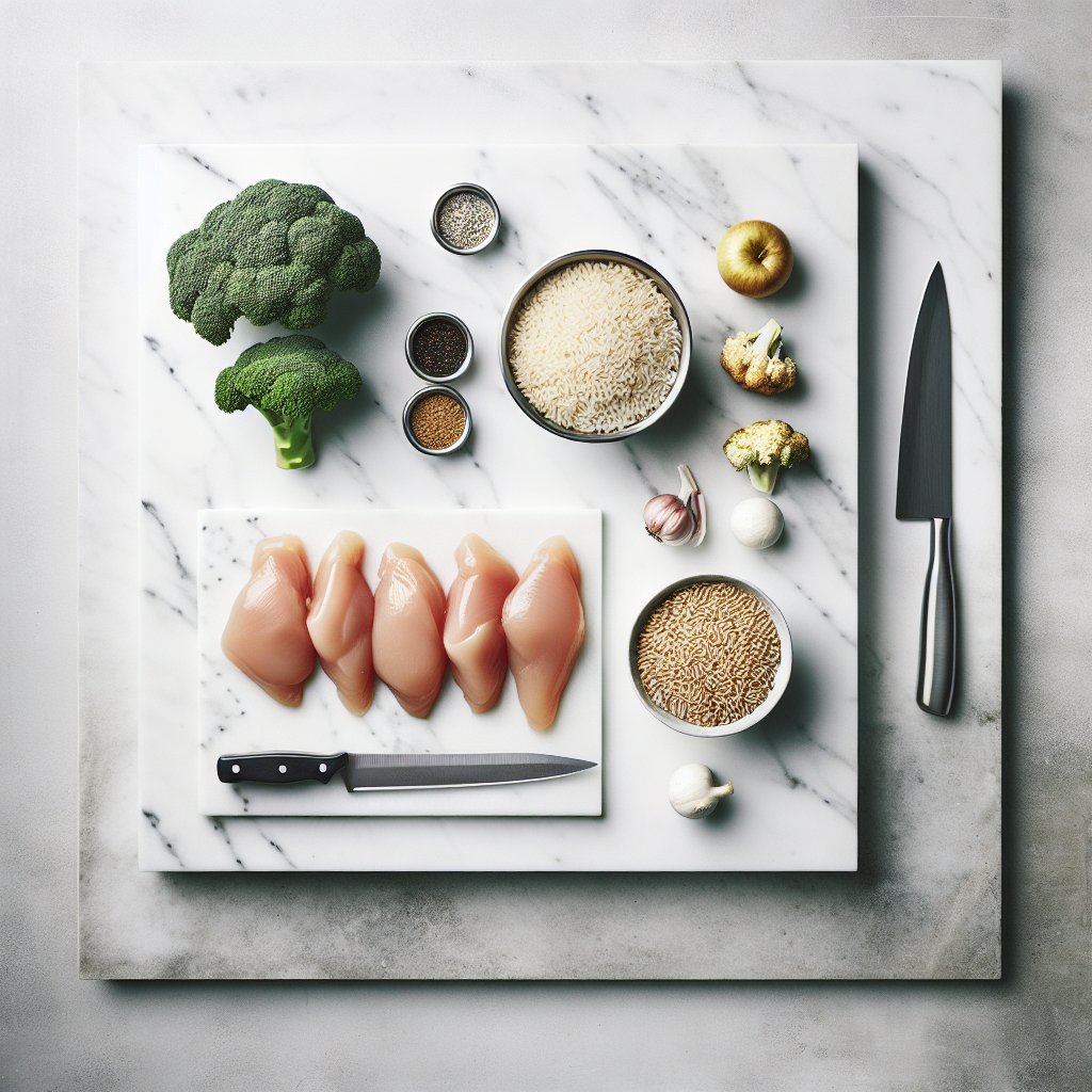 Raw chicken breasts rice and broccoli ready for meal prep