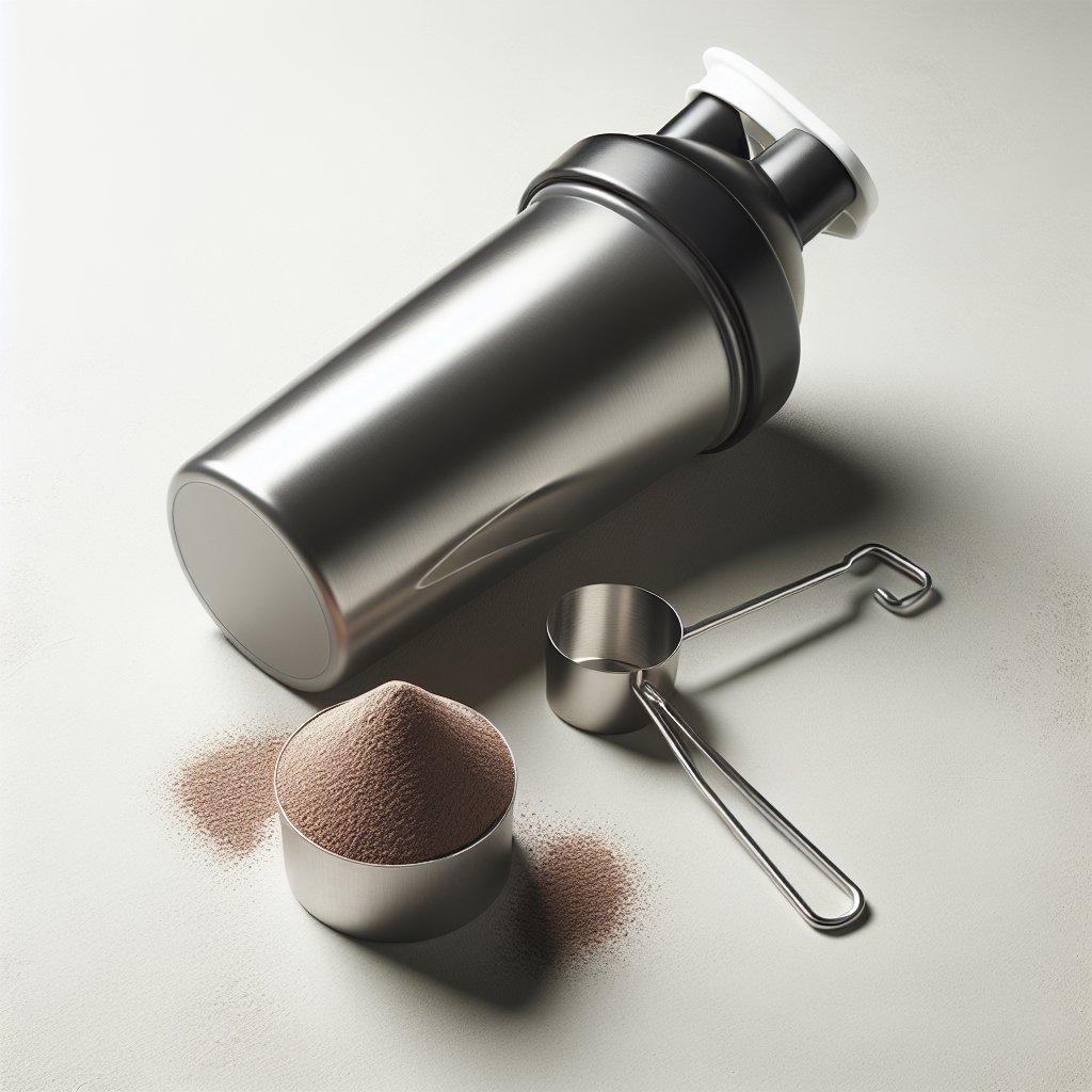 Steel shaker bottle with chocolate protein powder and scoop