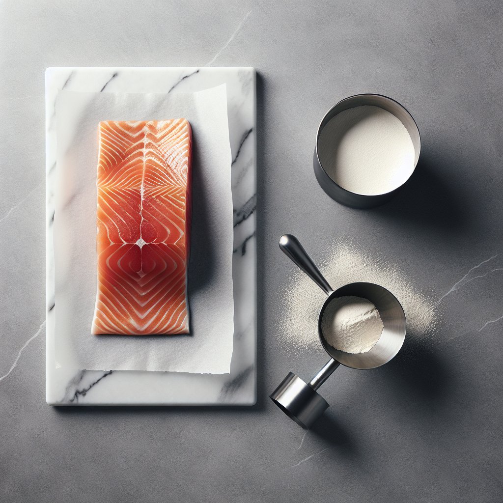 Raw salmon fillet next to a scoop of whey protein powder