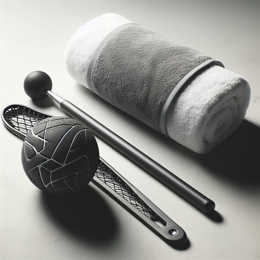 Lacrosse ball and massage stick on white towel