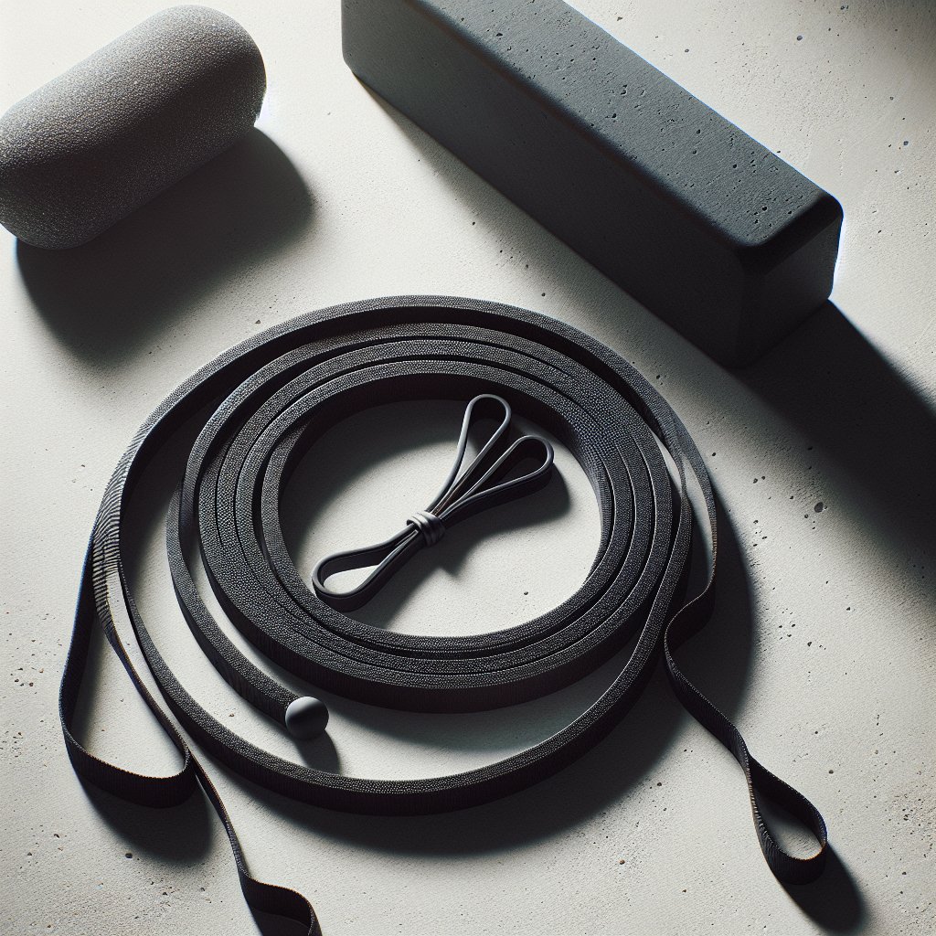 Resistance band and yoga block on concrete surface