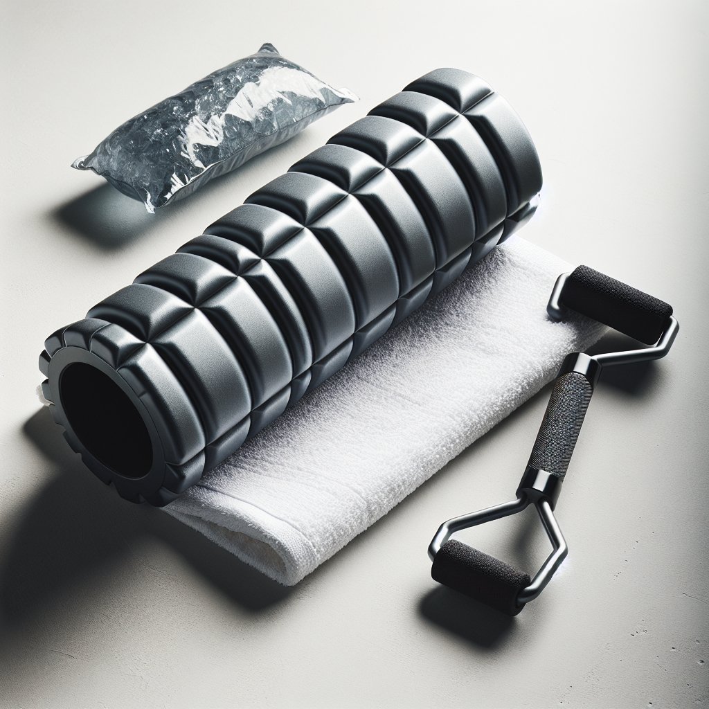 Foam roller and ice pack on white towel