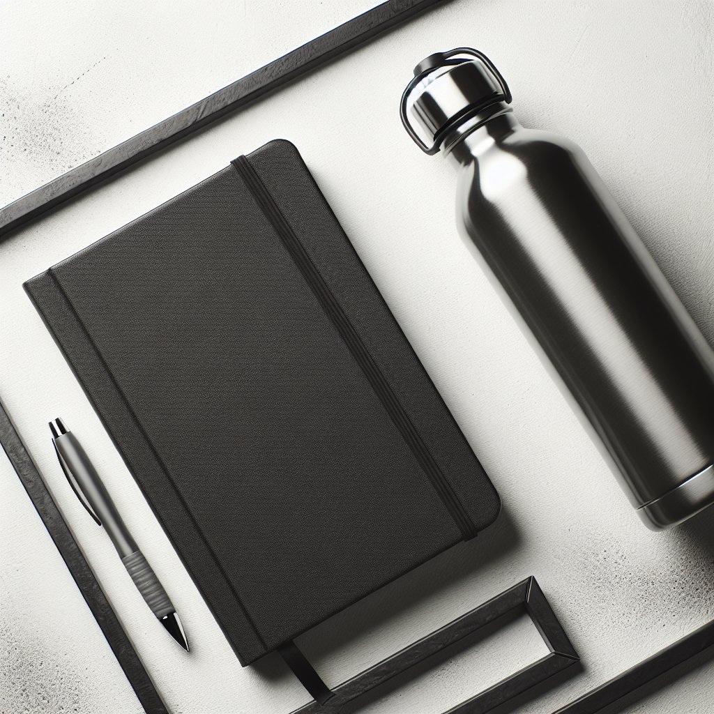 Journal with pen next to water bottle