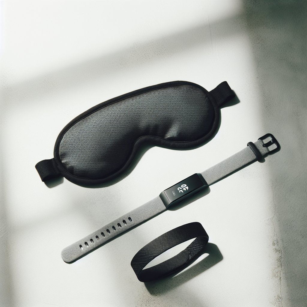 Sleep mask and fitness tracker on concrete surface