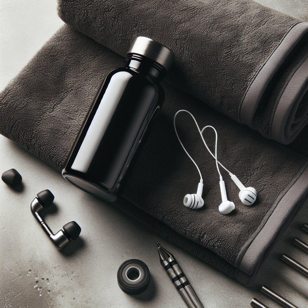 Supplement bottle and earplugs on charcoal towel