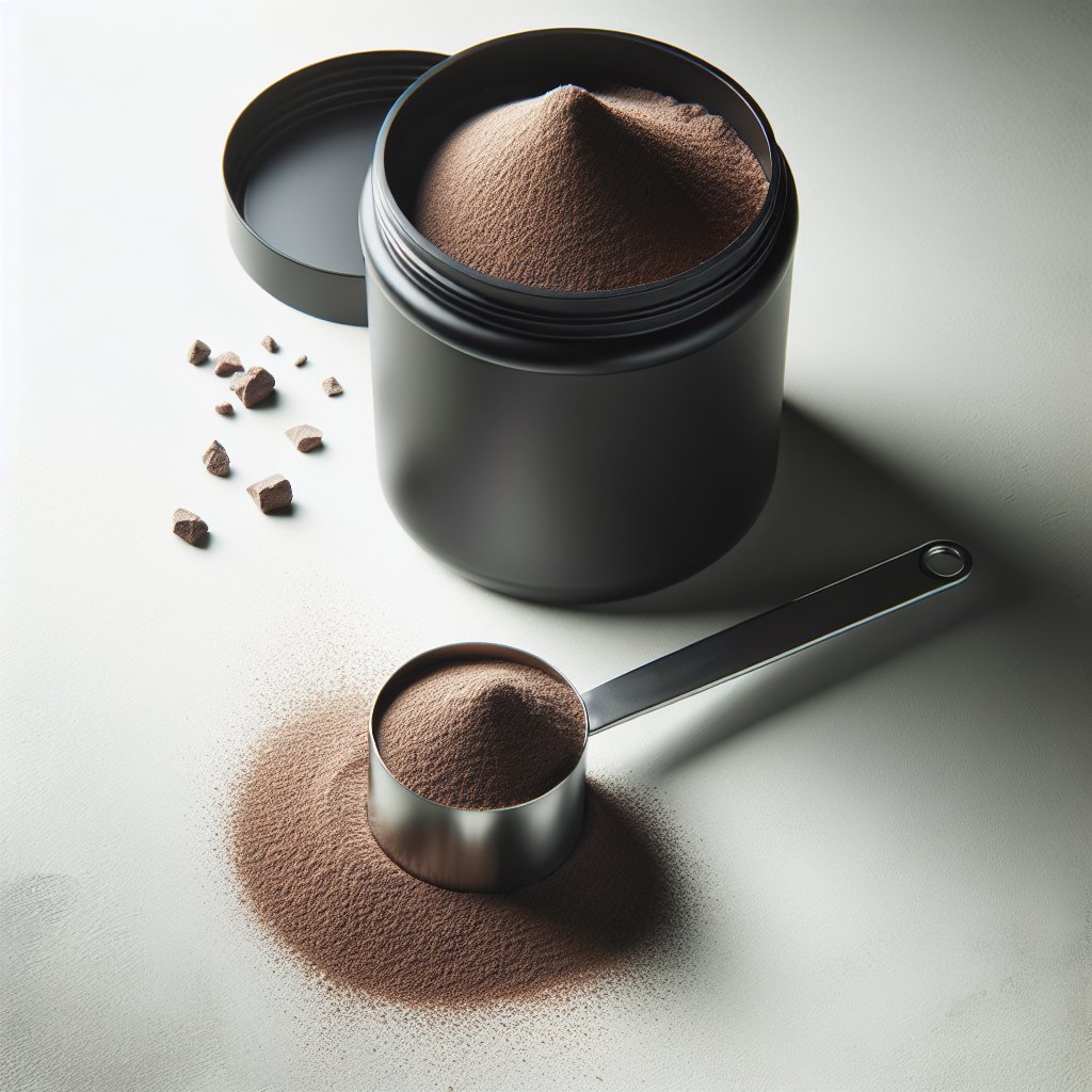 Protein powder scoop and container on white surface