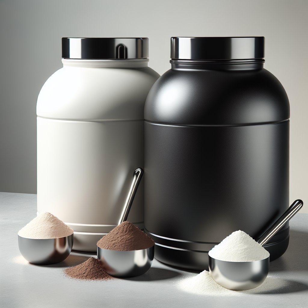 Two protein powder containers with scoops and powder