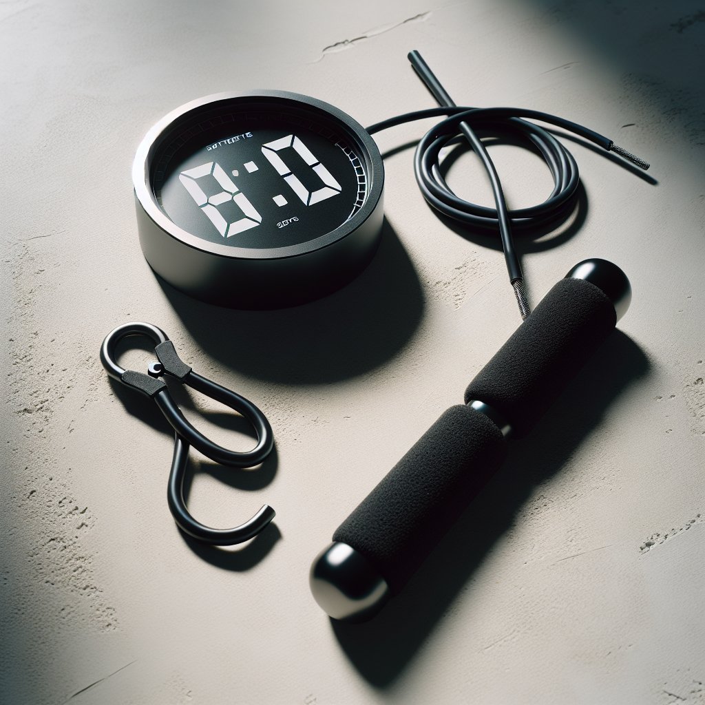 Interval timer and jump rope on concrete surface