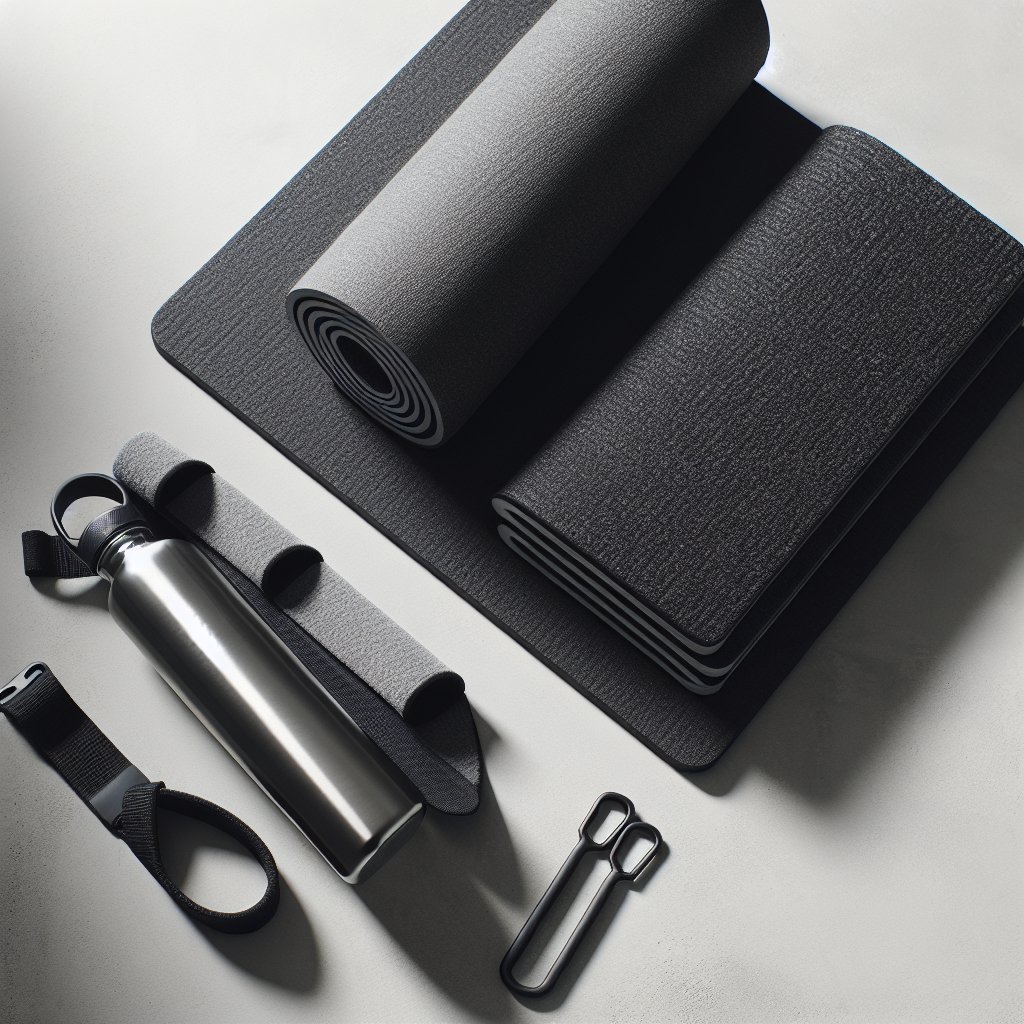 Exercise mat and steel water bottle on concrete surface