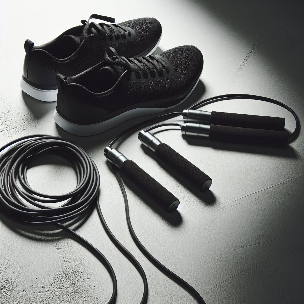 Running shoes and jump rope on concrete surface
