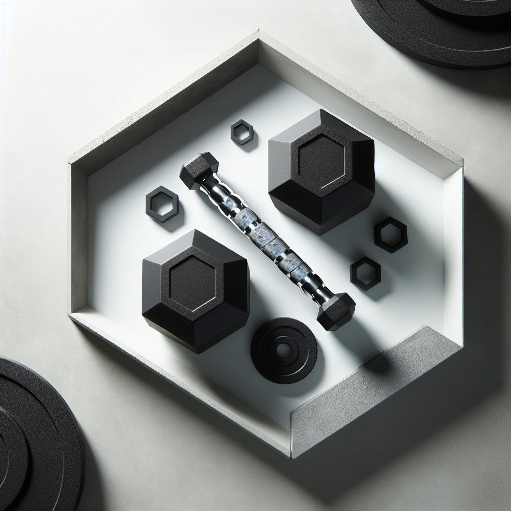 Black hex dumbbells and weight plate for full-body training