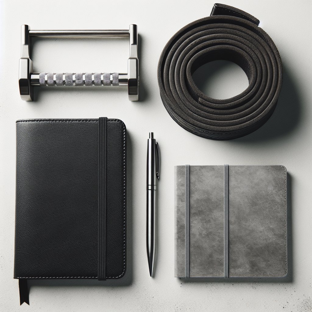 Lifting belt and training notebook on concrete surface