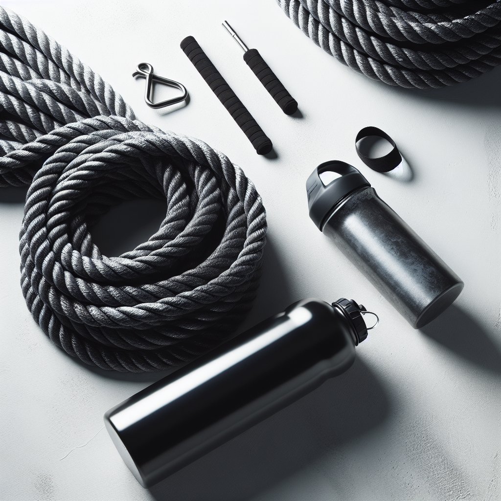 Battle rope and water bottle on concrete surface